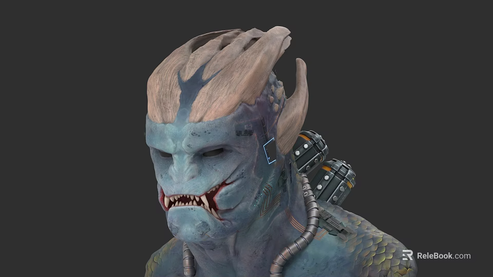 Futuristic Creature Character With Head Fin Blue Scaly Skin Sharp Teeth And Mechanical Devices 3d model 
