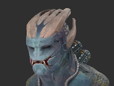 Futuristic Creature Character With Head Fin Blue Scaly Skin Sharp Teeth And Mechanical Devices 3d model