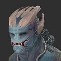 Futuristic Creature Character With Head Fin Blue Scaly Skin Sharp Teeth And Mechanical Devices