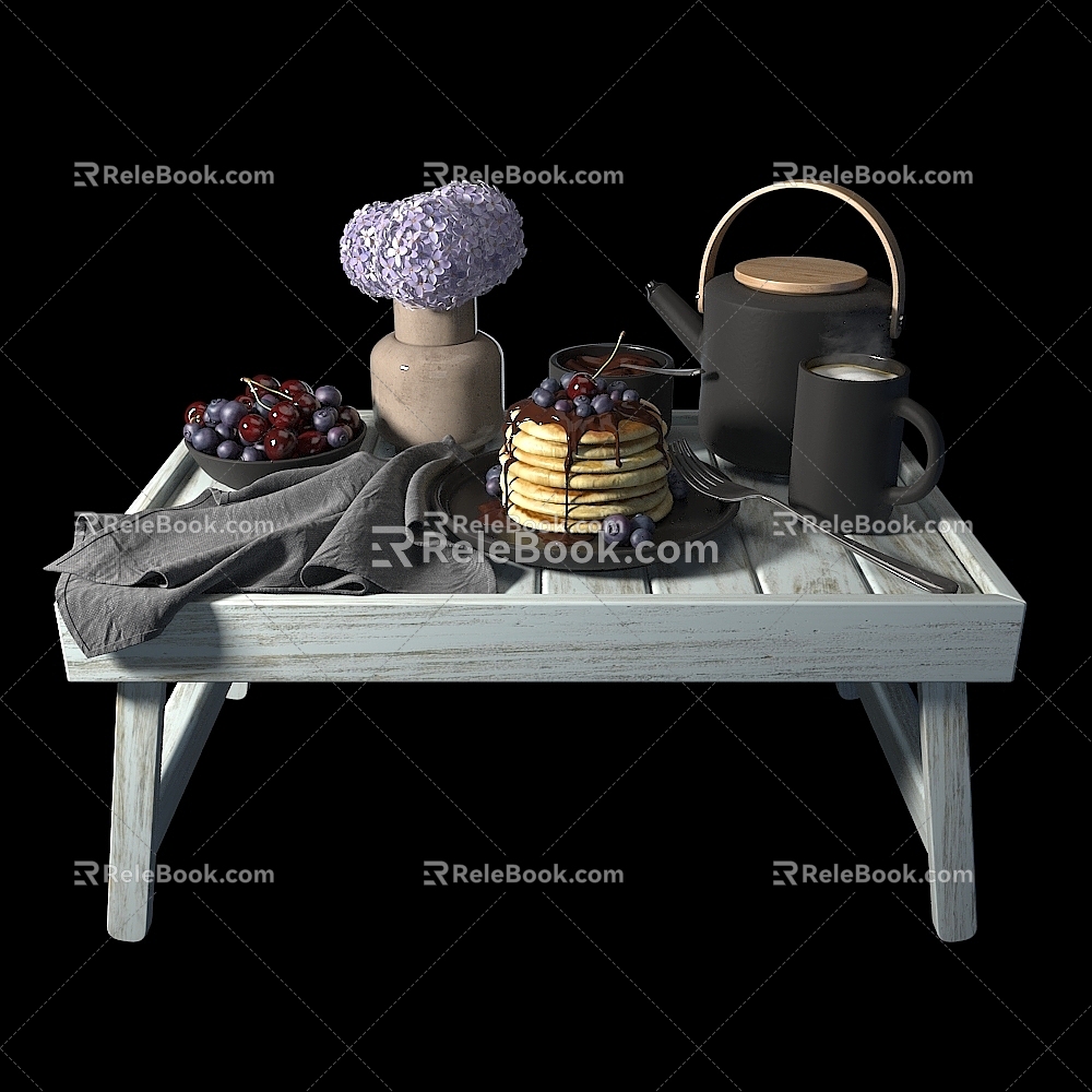 Food Fruit Blueberry Cherry Fruit Pie Cake Folding Coffee Table Small Table Vase Flower Teapot Tableware Combination 3d model