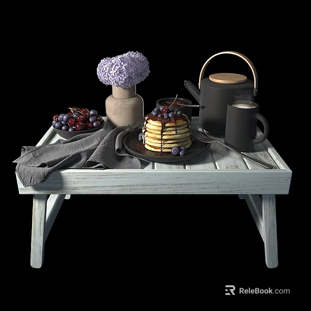 Delicious Stack of Pancakes with Blueberries Grapes Teapot and Gray Napkin on White Wooden Table 3d model 