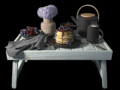 Delicious Stack of Pancakes with Blueberries Grapes Teapot and Gray Napkin on White Wooden Table 3d model