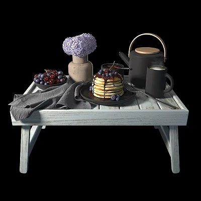 Delicious Stack of Pancakes with Blueberries Grapes Teapot and Gray Napkin on White Wooden Table 3d model