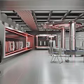 Futuristic Clothing Store with Silver Metal Structures Circular Platform Hanging Clothes Lighting Design and Mannequin