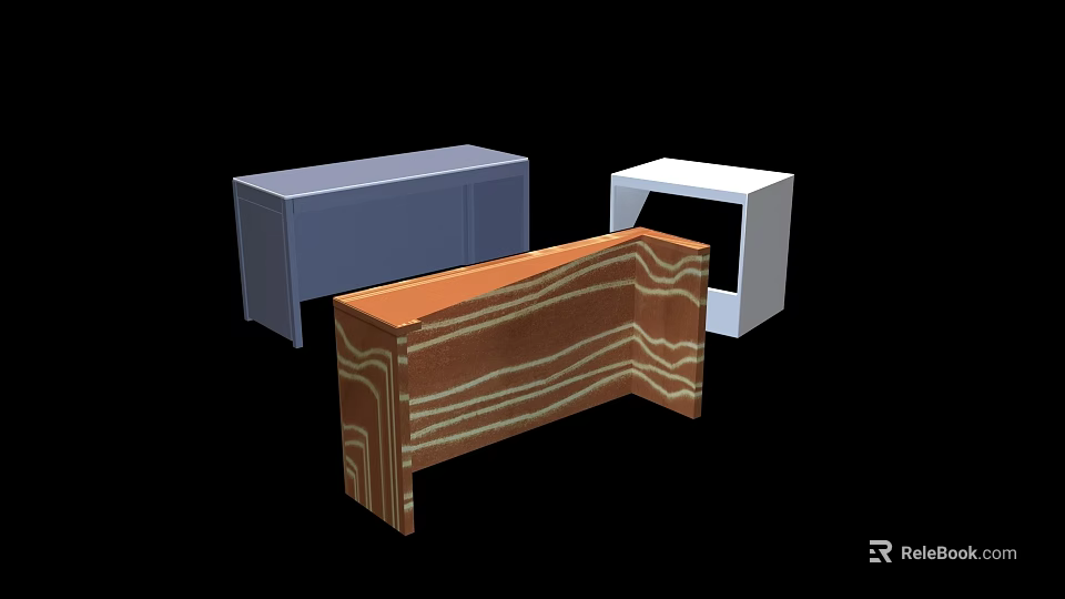Modern Office Desks with Blue White and Brown Wooden Designs Featuring Wavy Lines 3d model 