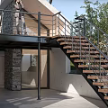 Modern Detached Villa With Stone Facade Large Windows And Staircase Surrounded by Trees