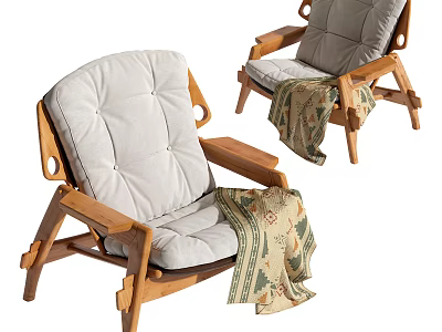 Leisure Chair with Wooden Frame and White Padded Cushion Adorned with Patterned Blanket 3d model