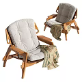 Leisure Chair with Wooden Frame and White Padded Cushion Adorned with Patterned Blanket