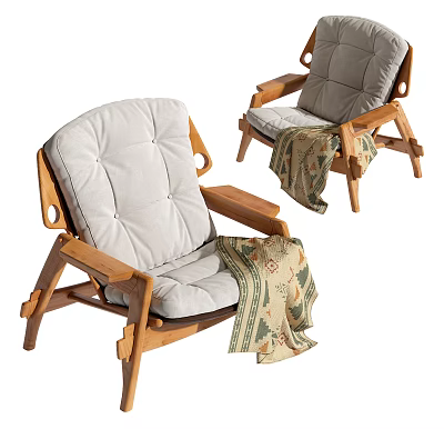 Leisure Chair with Wooden Frame and White Padded Cushion Adorned with Patterned Blanket 3d model