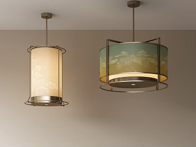 Two Elegant Chandeliers with Beige and Green Yellow Patterned Shades and Metal Frames 3d model
