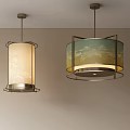 Two Elegant Chandeliers with Beige and Green Yellow Patterned Shades and Metal Frames