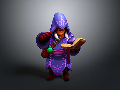 Man in Hooded Purple Robe Holding Open Book Green Orb and Keys 3d model