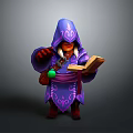 Man in Hooded Purple Robe Holding Open Book Green Orb and Keys