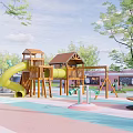 Children's Play Area With Green Pod Shaped Slide Structure Sandpit And Wooden Playhouse