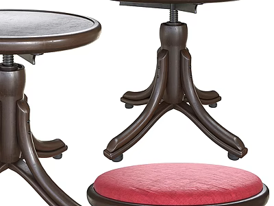 Classic Wooden Stool With Red Padded Seat And Sturdy Curved Tripod Legs Design 3d model