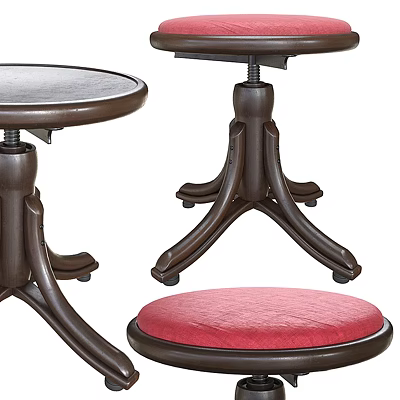 Classic Wooden Stool With Red Padded Seat And Sturdy Curved Tripod Legs Design 3d model