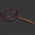 Household Iron Cooking Pan With Wooden Handle And Vintage Black Surface