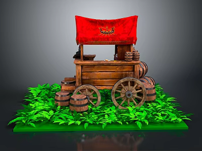 Wooden Cart With Red Canopy Surrounded By Green Plants And Barrels 3d model