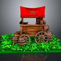 Wooden Cart With Red Canopy Surrounded By Green Plants And Barrels
