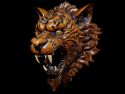 Decorative Ornament Set With Hand Carved Wooden Tiger Head for Home Wall Decoration 3d model