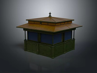 Traditional Pavilion Structure With Green Base And Columns Brown Roof Spire Decoration And Blue Windows 3d model