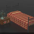 Vintage Iron Bed Frame With Red And White Checkered Bedspread Wooden Trunk And Fan