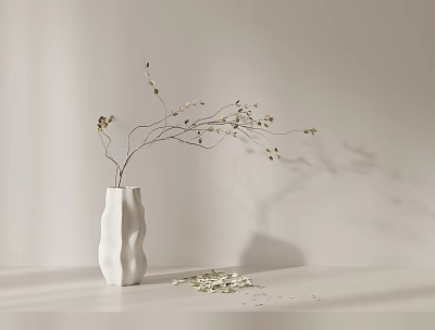 Decorative Ornament Set With White Vase Dried Branches And Scattered Fragments On Light Tabletop 3d model
