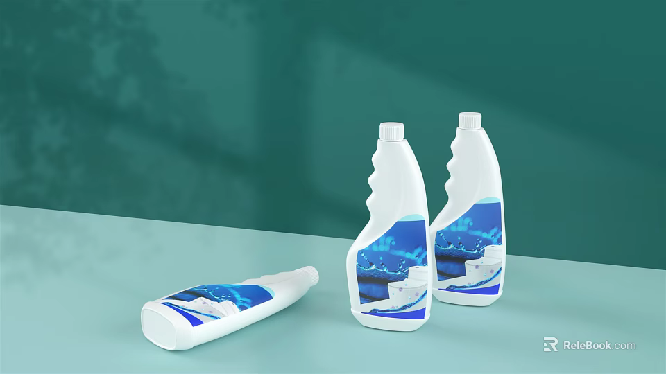 Three White Ceramic Vessels With Blue Patterns On Green Background Standing And Tilted 3d model 