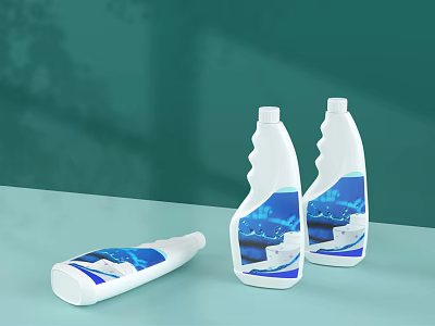 Three White Ceramic Vessels With Blue Patterns On Green Background Standing And Tilted 3d model