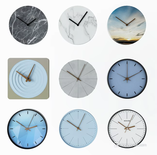 Modern Wall Clocks In Diverse Styles With Marble And Pastel Colors For Home Decor 3d model 