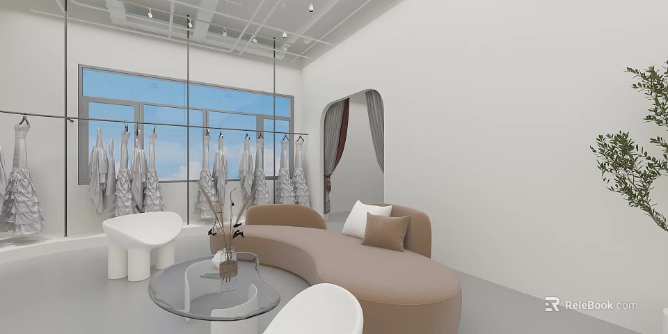 Modern Wedding Dress Shop Interior With Hanging Dresses Comfortable Sofa And Large Mirror 3d model 