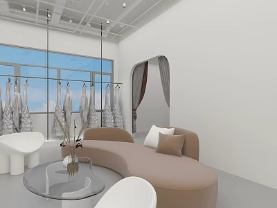 Modern Wedding Dress Shop Interior With Hanging Dresses Comfortable Sofa And Large Mirror 3d model