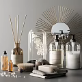 Stylish Bathroom Accessories With Reed Diffusers Glass Containers Soap Bars And Starburst Mirror 3d model