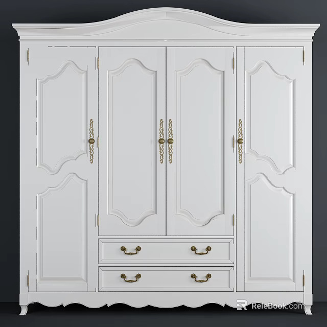 Classic White Wardrobe With Ornate Carved Design Gold Handles And Bottom Drawers 3d model 