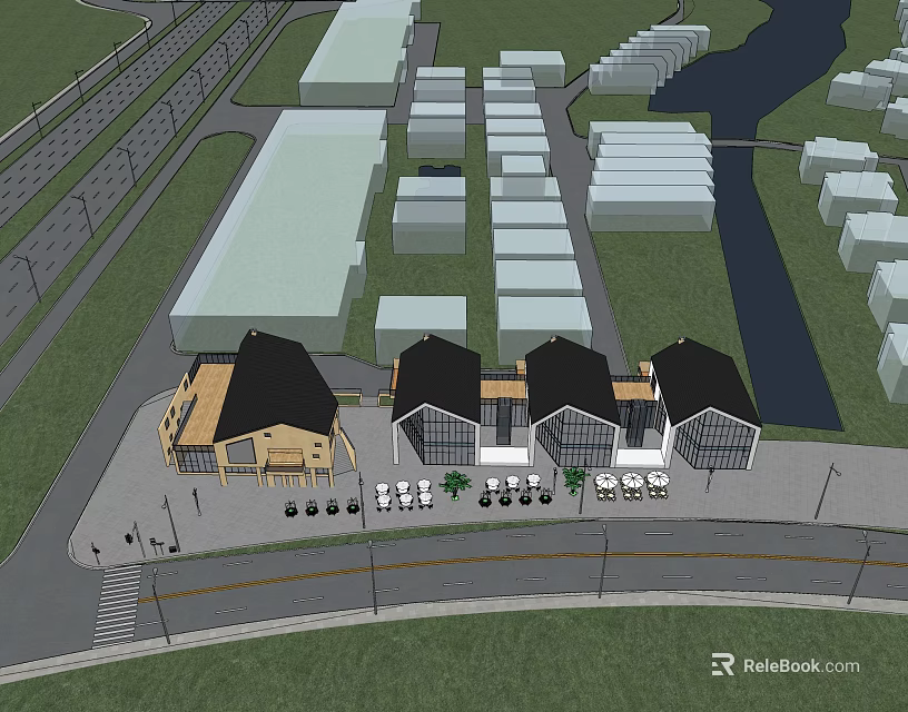 Modern Commercial Complex With Connected Buildings Green Spaces And Waterfront Design 3d model 