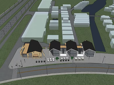 Modern Commercial Complex With Connected Buildings Green Spaces And Waterfront Design 3d model