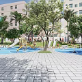 Colorful Children's Playground With Slides Play Structures Blue Flooring Green Lawn And Trees