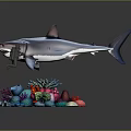Realistic Shark Model Display With Colorful Coral Reef And Miniature Figure