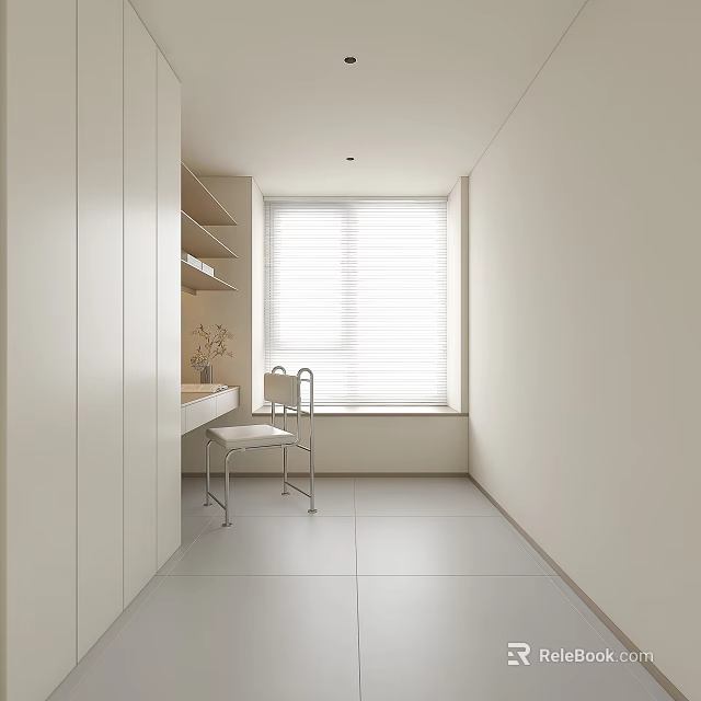 Modern Study Room Interior Design With White Desk Chair And Window Blinds 3d model