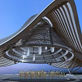 Modern Wave Shaped Architecture With White Roof And Wooden Structure Open Square Lawn Blue Sky