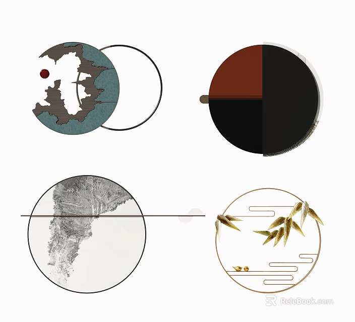 Chinese Style Circular Wall Decor With Landscape Painting And Bamboo Elements 3d model