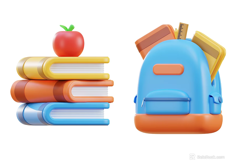 Back to School Supplies Including Stacked Books Red Apple Blue Backpack Pencil and Notebook 3d model 