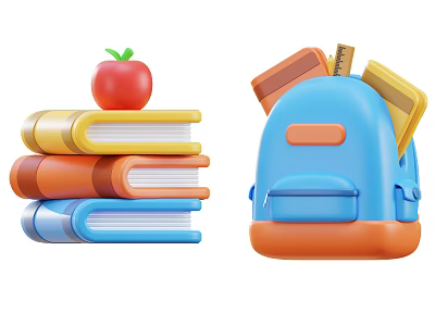 Back to School Supplies Including Stacked Books Red Apple Blue Backpack Pencil and Notebook 3d model