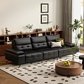Black Leather Sectional Sofa With White Green Pillows Wooden Coffee Table And Plants In Living Room