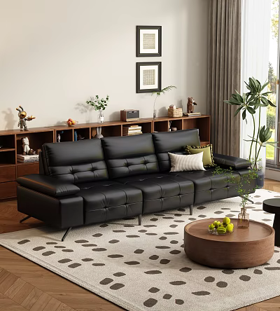 Black Leather Sectional Sofa With White Green Pillows Wooden Coffee Table And Plants In Living Room 3d model