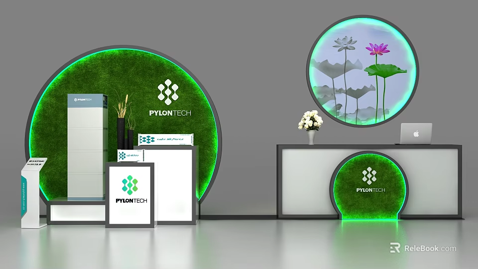 PYLON TECH Display Shelves With Green Circular Decor And Lotus Lily Pad Design 3d model 