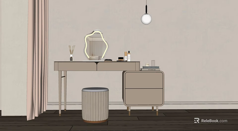 Modern Dressing Table Interior Design With Decorative Mirror Cosmetics And Cylindrical Striped Stool 3d model