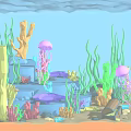 Cartoon Underwater Scene in Transparent Cube with Sandy Bottom Coral Seaweed Jellyfish And Marine Life