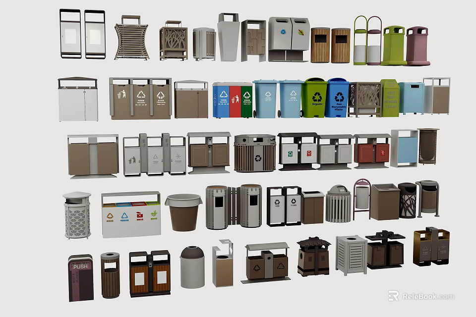Public Trash Bins As Essential Public Facilities With Various Designs And Colors 3d model 
