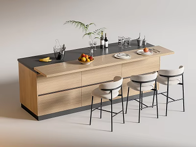 Bar Counter with Black Countertop Wood Cabinet Three White Bar Stools Fruits and Green Plant 3d model